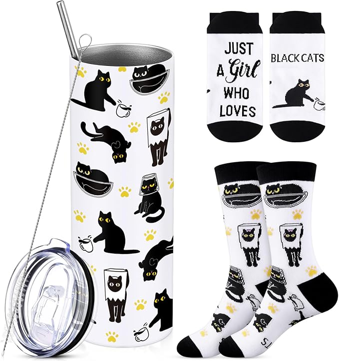 Funnymoom 2 Pack Black Cat Gifts Set for Women 20 oz Skinny Tumbler with Lid Straw Travel Coffee Mug Novelty Cute Animals Socks Mother Day Birthday Party Gifts for Cat Lover