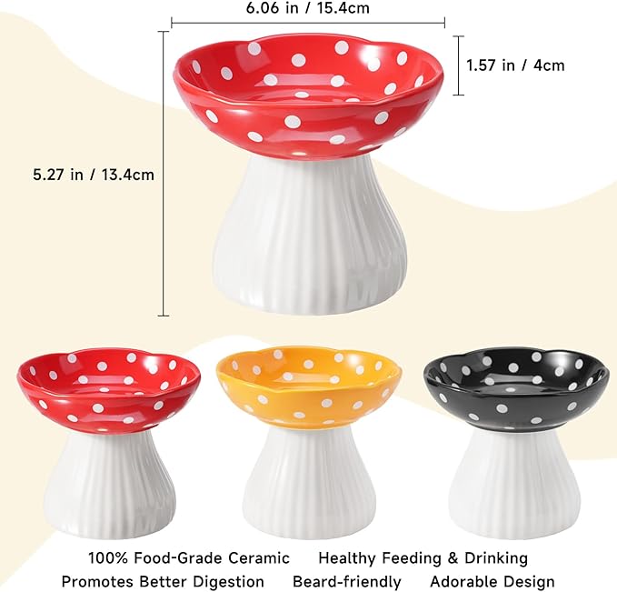 Mushroom Cat Bowl,Whisker Fatigue Cat Bowl,Cute Cat Bowls,Elevated Cat Food Bowl, Lead & Cadmium Free Ceramic Cat Bowls for Food and Water. (Red+Yellow)