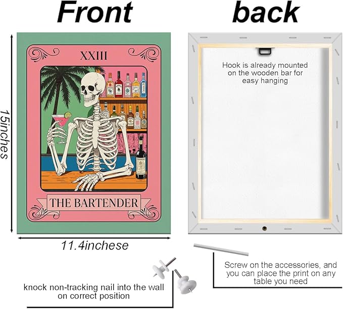 The Bartender Tarot Wall Art, Funny Skeleton Bartender Drinking Cocktail, Gothic Framed Canvas Prints Vintage Artwork for Walls, Retro Paintings for Bar Pub Living Room Bedroom Decor 15x11.4 inch