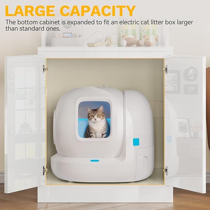 DWVO Large Hidden Litter Box Furniture with Shelves & Charging Station, High-Gloss Modern Cat Litters Box Enclosure for Self-Cleaning Litter Boxes, Wooden Secret Cat Cabinet, White