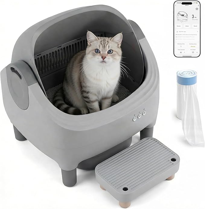 Upgraded Automatic cat Litter Box with self-Cleaning, Smart APP Control, Raised Step, Open and Spacious Design, Suitable for Multiple Cats, Combining Health and Cleanliness, with Quiet Operation