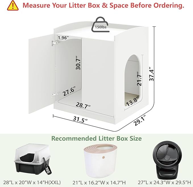 Extra Large Litter Box Enclosure with Cat Scratch Mat - Designed for Self-Cleaning and XXL Litter Boxes (White)