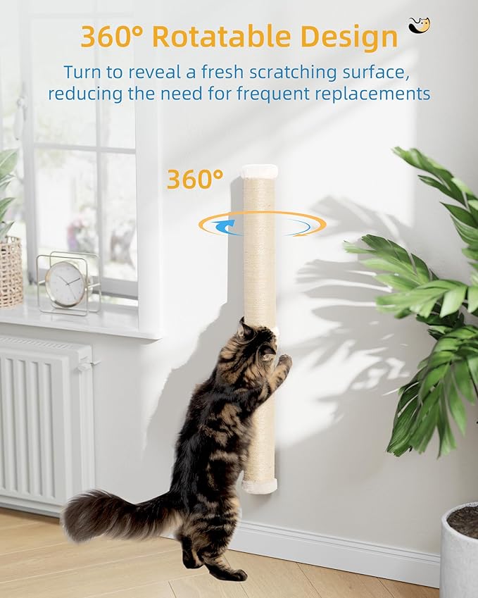 Aechonow 34'' Wall Cat Scratching Post, Wall Mounted Cat Scratcher for Indoor Cats, Tall Sisal Pole for Large Adult Cat Pet Climb Stretch Walk