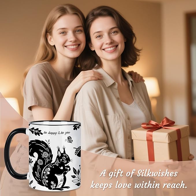 Squirrel Mug 11Oz Mothers Day Birthday Gifts for Women,Squirrel Gifts for Women, Black and White Boho Mug, Holiday Birthday Gift for Animal Lovers Ceramic Coffee Cup Microwave & Dishwasher Safe