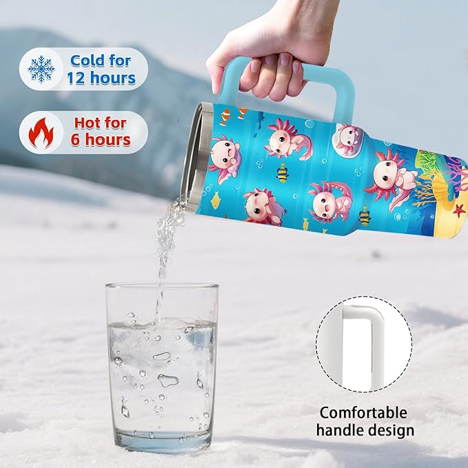 Axolotl Gifts for Girls - 40oz Tumbler with Straw & Handle, Axolotl Stainless Steel Insulated Tumbler, Leak Proof, BPA-Free,Adorable Ocean Animal Mug Cup for Sports, Travel, Birthday Gifts Cup