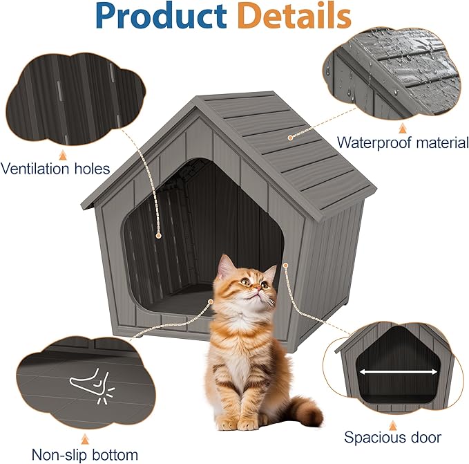 Cat Litter Box Enclosure, Hidden Covered Litter Box Furniture with Air Holes, Resin Outdoor Cat House Weatherproof, Wide Opening Design for Easy Cleaning, Grey