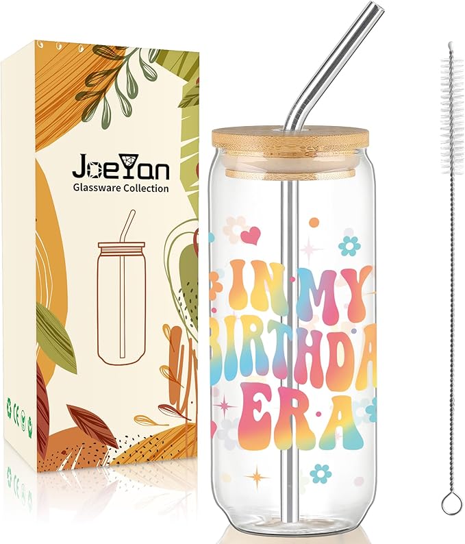 Joeyan Glass Cups with Lids and Straws - 20oz Iced Coffee Cup, Retro Iridescent Birthday Glass Tumbler, Aesthetic Drinking Glasses for Smoothie Boba Tea, Birthday Gift for Women, Her, Friend