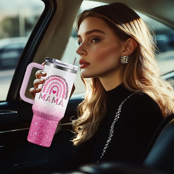 Gifts for Mom - Mama Tumbler 40 oz with Handle and Straw, Leak Proof Insulated Cup - Christmas, Mothers Day Present from Daughter Son, New Mom Gift