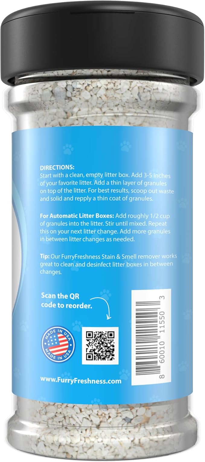 FurryFreshness Cat Litter Deodorizer & Litter Box Odor Eliminator - Works With All Litters To Increase The Life Of Your Litter -Made In USA -Nontoxic, Fragrance Free Odor Control (1 Pack)