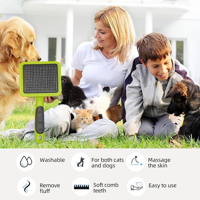 Self Cleaning Slicker Brush for Dogs Green Dog Shedding Brush Skin-Friendly Pet Grooming Tool for Long Short Haired Cats and Dogs Remove Loose Hair Mats Knots Tangles