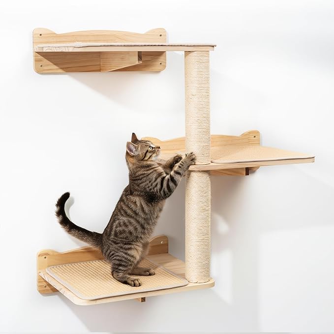 Cat Wall Shelves, 3-Tier Cat Shelves with Sisal Scratching Post, Sisal Mat Solid Pine Wood Wall Mounted Cat Climbing Furniture, Modular Design