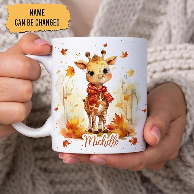 Hyturtle Personalized Fall Giraffe Maple Leaves Coffee Mug - Birthday Gifts For Giraffe Lovers - Fall Autumn Decor Gifts For Farmhouse Thanksgiving - Custom Name 11oz White Ceramic Coffee Tea Mug