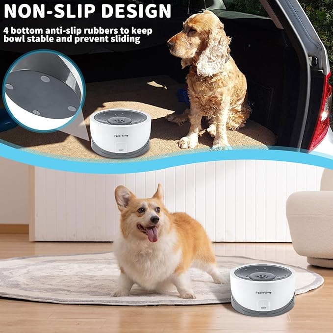 Dog Water Bowl, No Spill 55oz Pet Water Bowl for Cats & Small Puppies to Medium Large Breeds, Anti Splash Slow Drinking Water Feeder for Messy Drinkers (White w/ 2 Fliters)