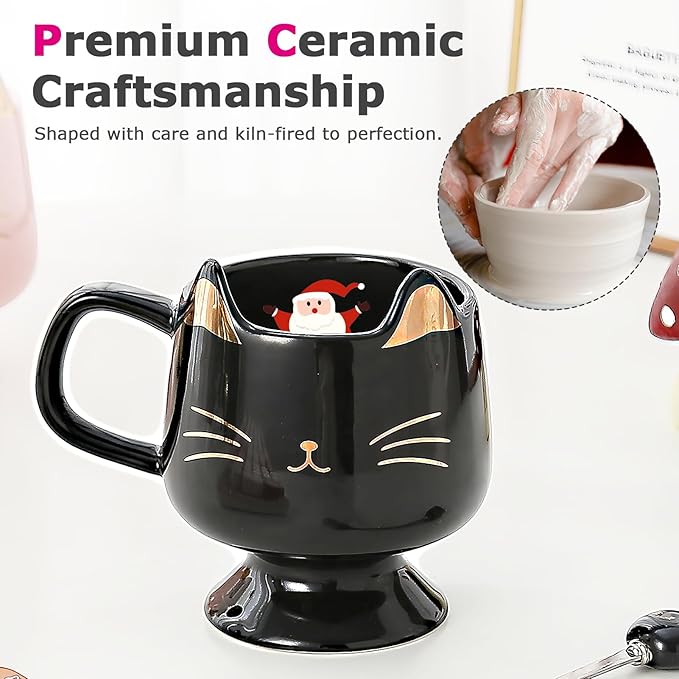 Christmas Mugs High-Footed Ceramic Cat Mug – 13.5oz Unique Coffee Cup with kitty Expression Design, Fun Gift for Women, Girls, Kids, Cat Lovers (black)