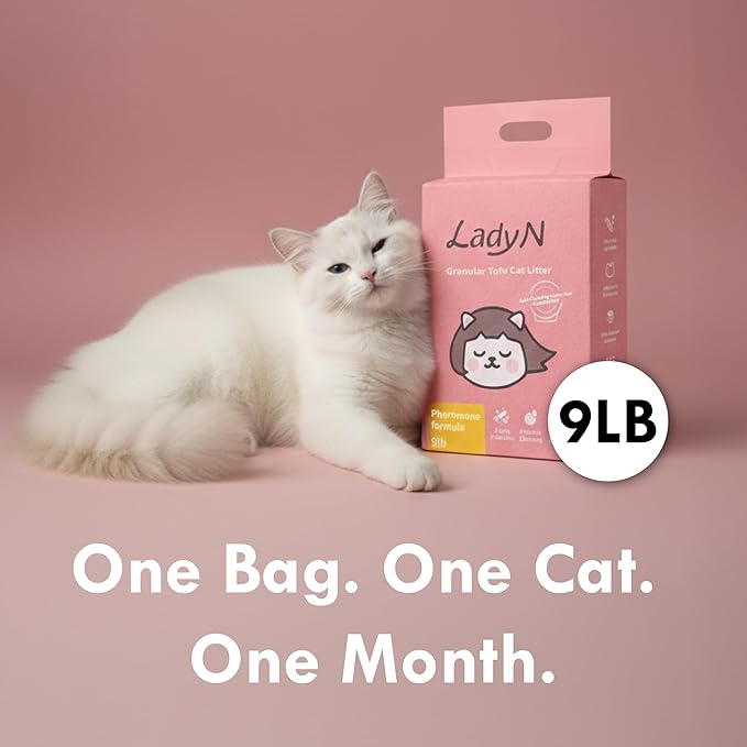 Lady N Cat Attract Tofu Litter – Natural Attractant Formula for Litter Box Training, Calming Pheromone for Multi-Cat Homes, Granular Mini-Pellet Shape for Self-Cleaning Box, 9lb