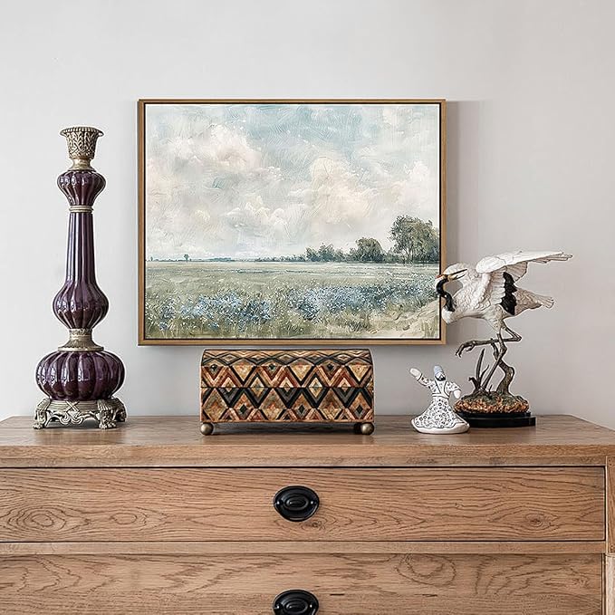 Framed Vintage Landscape Wall Art Vast Grassland Field Canvas Prints Nature Wilderness Scenery Pictures Wall Decor Rustic Wildflower Oil Painting Ready to Hang for Farmhouse Kitchen Decoration, 8"x10"