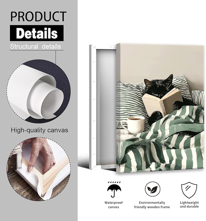 Funny Black Cat Canvas Wall Art, Cute Cat Reading Book In Bed with Coffee Aesthetic Poster, Cozy Striped Green Bedroom Animal Wall Decor, Bookish Art Print for Book Pet Lover 8x10in Wrapped Canvas