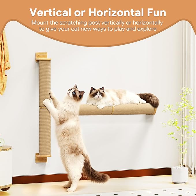 Cat Wall Scratcher Post- 24" Thicker Columns Wall Mounted Rubber Wood Sisal Scratching Post Furniture for Large Cats and Kittens
