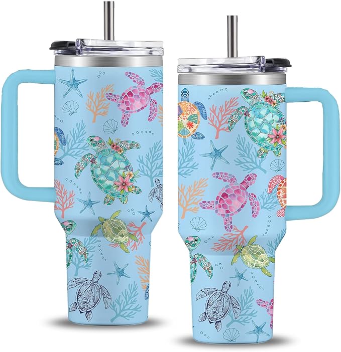 Turtle Tumbler 40oz, Classic Blue Sea Turtles Themed Gifts for Women Girls Turtles Lovers on Birthday Christmas Summer, Travel Stainless Steel Coffee Cup Double Wall Vacuum Insulated Mug