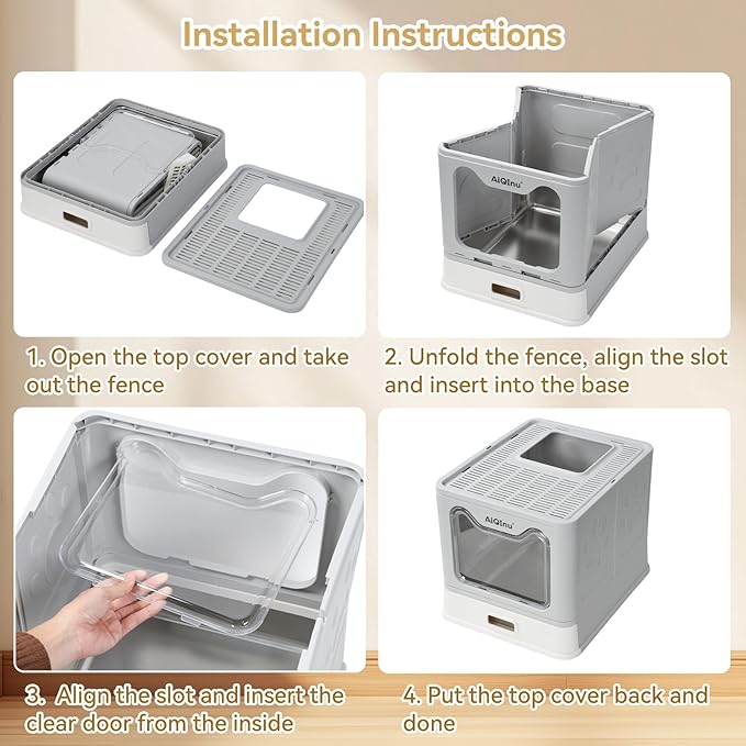 AiQInu Foldable Stainless Steel Cat Litter Box with Lid & Scoop, Large Enclosed Metal Litter Box with High Sides, Anti-Leakage & Odor Control, Easy Clean, for Big Cats Up to 20 LBS