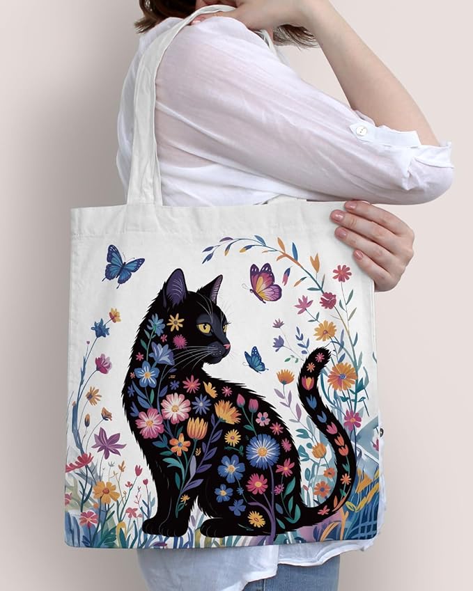 Cute Cat Canvas Tote Bag for Women Funny Cat Bag for Shopping Work Travel Lover Totes Gifts