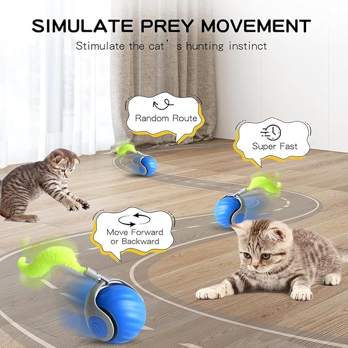 6pcs Interactive Cat Toy Automatic Moving Smart Toy Ball with Replacement Tail for Indoor Bored Cats/Dogs, Sensor Teasing Ball Self-Rolling Pet Chase, Speedy Cat Toys for Pets Exercise (Blue x 2)