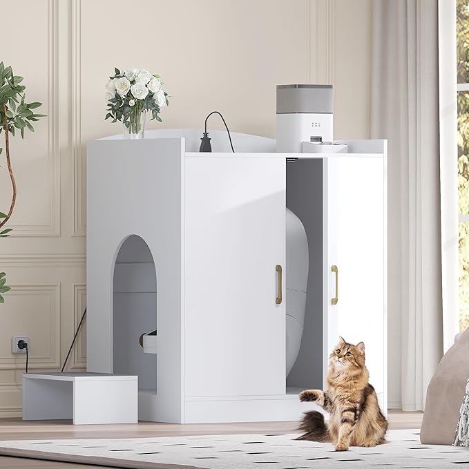 Heybly Litter box Enclosure,large Cabinet with Charging Station,Wooden Cat Litter Box Enclosure Furniture for Self-Cleaning Robot 3 & 4,Hidden for Smart Litter Box Size for senior cats,White HCLB005WT