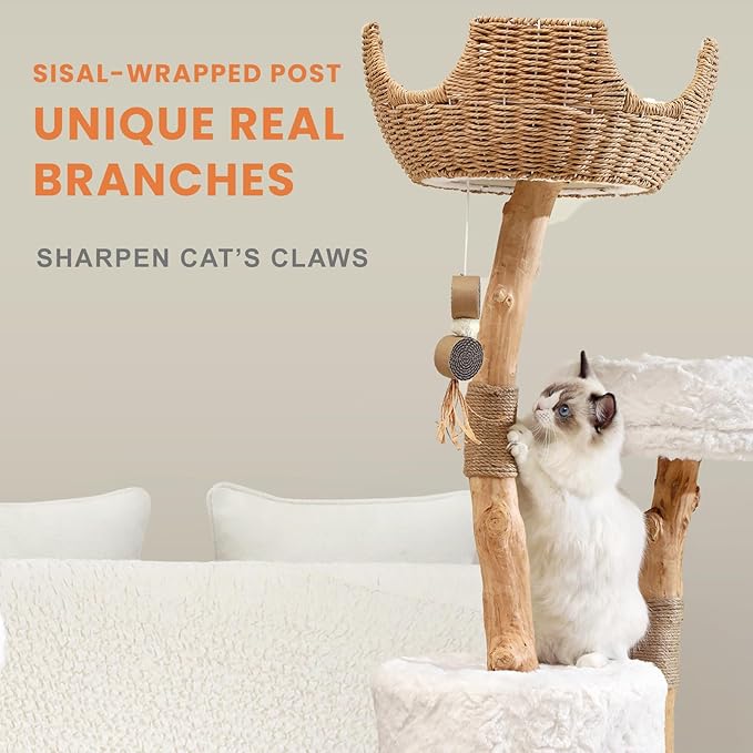 PEGIC Cat Tree Tower with Two Real Branches, 44 INCH Wood Modern Cat Tower with Luxury Cat Condo, Cat Scratching Post, Jumping Platforms, Cat Furniture (Short Plush)