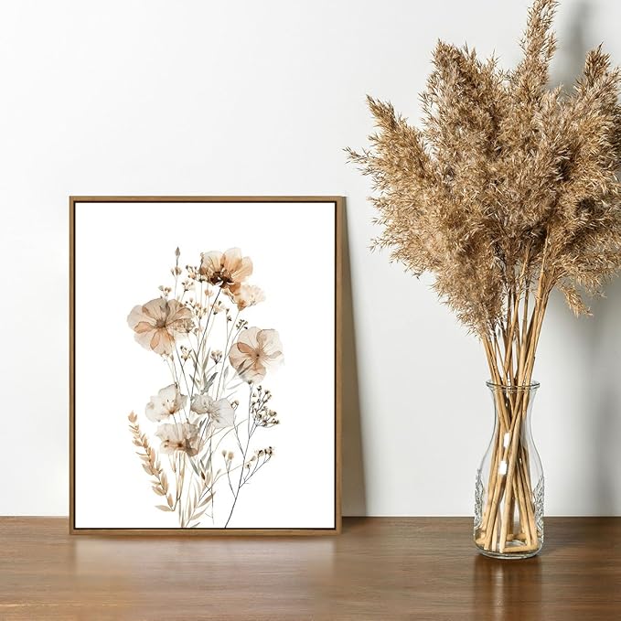 Neutral Watercolor Botanical Wall Art Vintage Floral Canvas Art Prints Orange Flower Plants Picture Minimalist Wall Decor Boho Artwork Framed for Girls Room Bedroom Living Room Decoration, 8"x10"x1Pcs