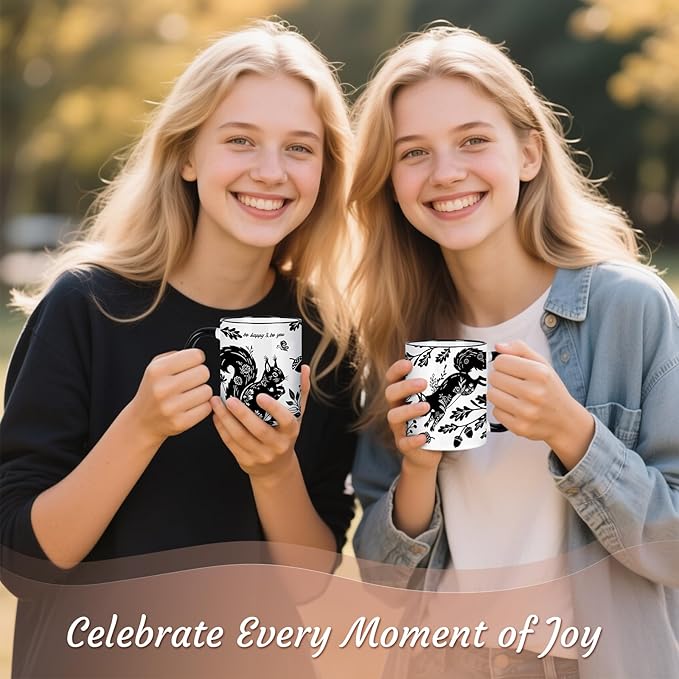 Squirrel Mug 11Oz Mothers Day Birthday Gifts for Women,Squirrel Gifts for Women, Black and White Boho Mug, Holiday Birthday Gift for Animal Lovers Ceramic Coffee Cup Microwave & Dishwasher Safe