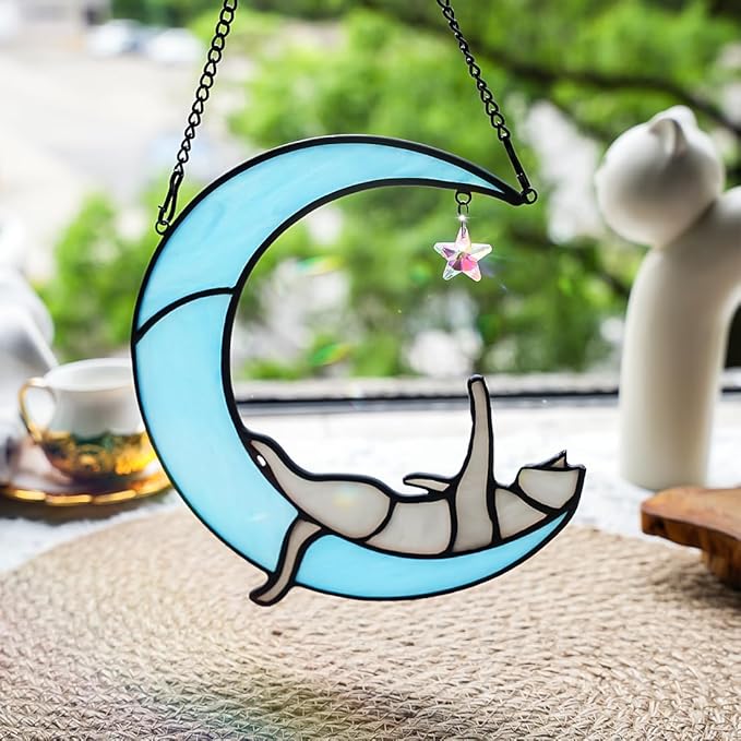 BOXCASA Handmade Gray Cat on Moon Stained Glass Suncatcher - Colorful Crystal Star & Window Hanging Decor for Cat Lovers, (Women, Mom, Grandma)