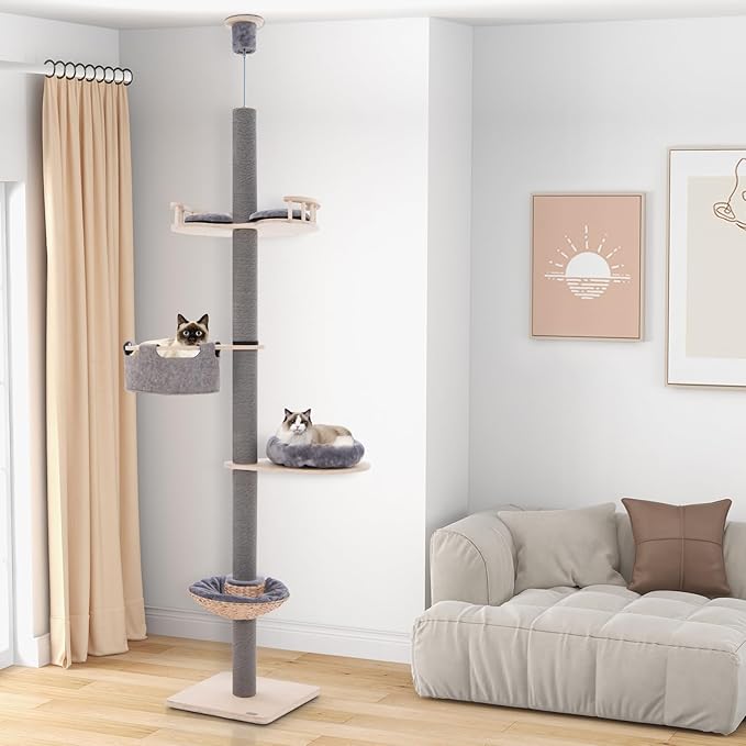 Tangkula Floor to Ceiling Cat Tree, Tall Cat Tower with Adjustable Height (93-107 Inch) for Large Cats, 5 Tier Cat Climbing Pole with Scratching Post, Cattail Basket Bed, Hammock for Indoor Cats