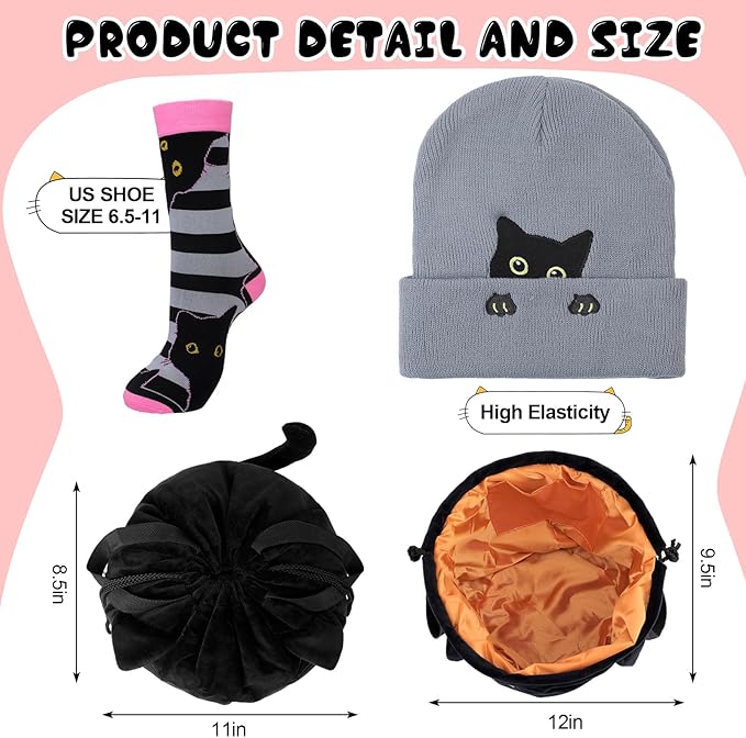 Cutecrop 7 Pcs Christmas Black Cat Gifts for Women Christmas Kitten Gift Sets for Women Black Cat Beanie Winter Hats Socks Kitten Drawstring Makeup Bag Animal Lover Presents for Mom Wife Coworker