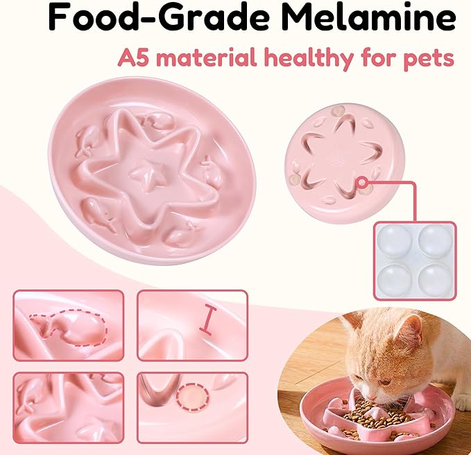 Cat Slow Feeder Bowl – Whisker Friendly Melamine Puzzle Feeding Bowl for Slow Eating – Wet & Dry Food – Dishwasher Safe, Lightweight, Non-Slip (Coral Pink, 6.3'')