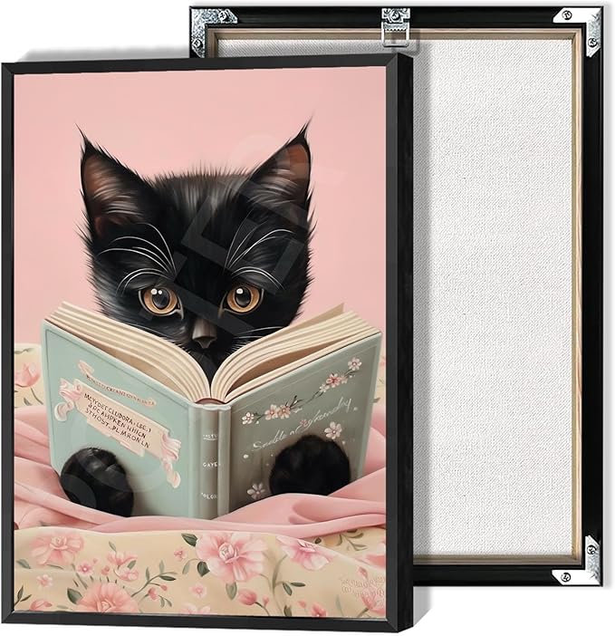 Vintage Cat Canvas Wall Art Funny Cute Cats Reading Books Poster Retro Pink Flower Abstract Animal Aesthetic Prints Painting For Girls Room Bedroom Kids Room Dorm Wall Decor 12x16in Framed