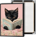 Vintage Cat Canvas Wall Art Funny Cute Cats Reading Books Poster Retro Pink Flower Abstract Animal Aesthetic Prints Painting For Girls Room Bedroom Kids Room Dorm Wall Decor 8x12in Framed
