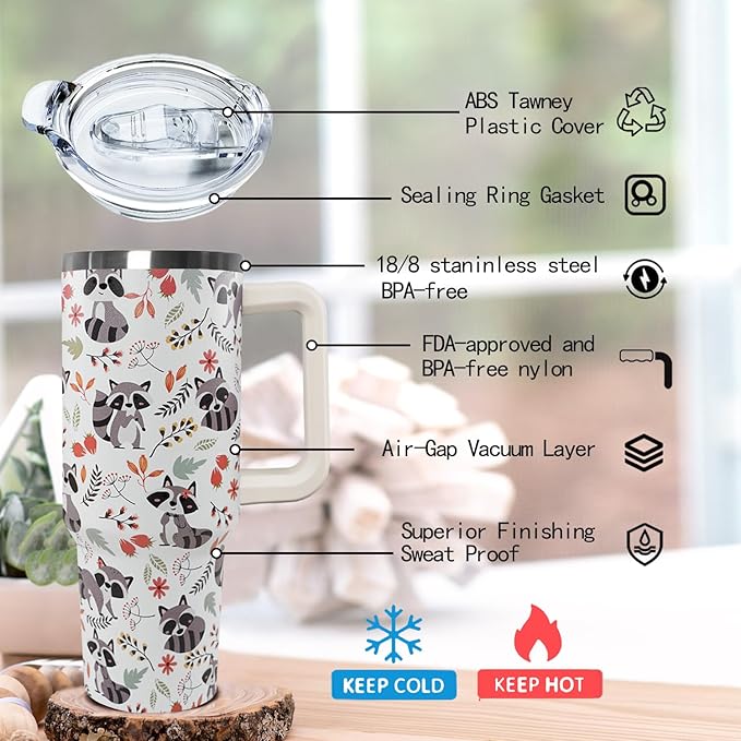 Ceovfoi 40 Oz Racoon Tumbler With Handle, Coffee Travel Mug Cup Water Bottle, Racoon Decor, Gifts for Women