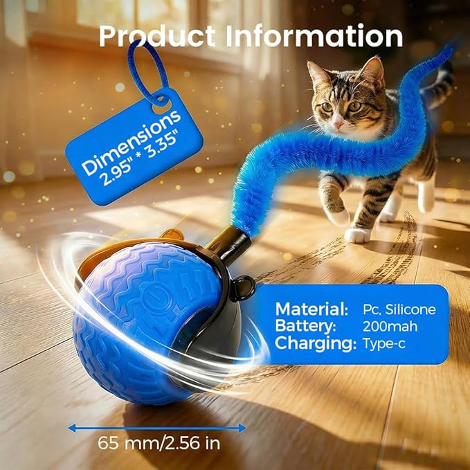 Interactive Cat Toy Ball for Indoor Cats, 2026 Automatic Moving Cat Toy with Feather Tails, 3-Mode Activated Self Rolling Smart Ball, Rechargeable Toy for Small Medium Large Cats (Blue)