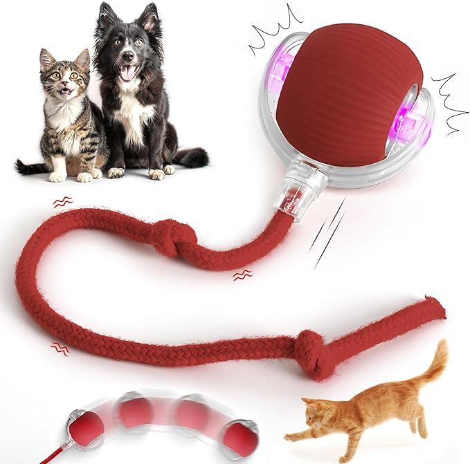 Aero Zen Indoor Cat Interactive Toy Ball Version 2025 - Random Rolling,Flashing on Floor,360° Automatic Rolling Ball Toy for Dogs/Cats (Red)