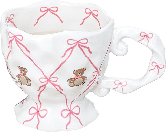 Cute Coffee Mug with Pink Bow Bear, Handmade Kawaii 14 oz Ceramic Mug for Tea Milk Latte Cocoa Funky Novelty Porcelain Cup Birthday Mothers Day Gifts for Women, Valentines Day Gifts for Her