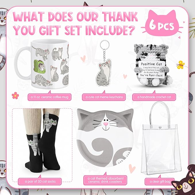 Potchen 6 Pcs Mother's Day Cat Lover Gifts for Women Funny Cat Mom Gifts Set with Gift Bag, Cats Coffee Mug, Cats Sock with Ball, Ceramic Coaster, Crochet Doll, Kitten Keychain for Lady Women Birthday