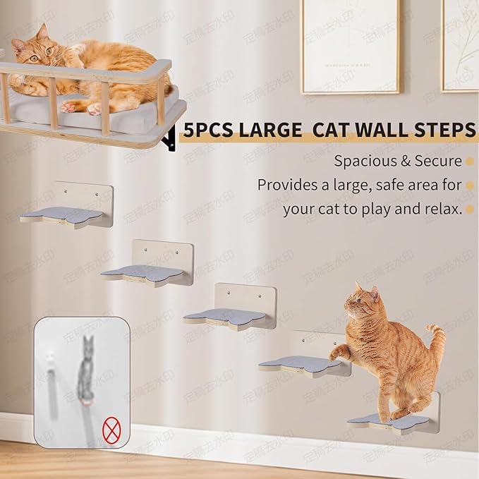 Large Cat Wall Shelves with 5 Steps - Heavy Duty Cat Wall Furniture, Climber, Shelves & Perches with Comfy Cushion & Guardrails, Space-Saving for Indoor Cats(Dark)