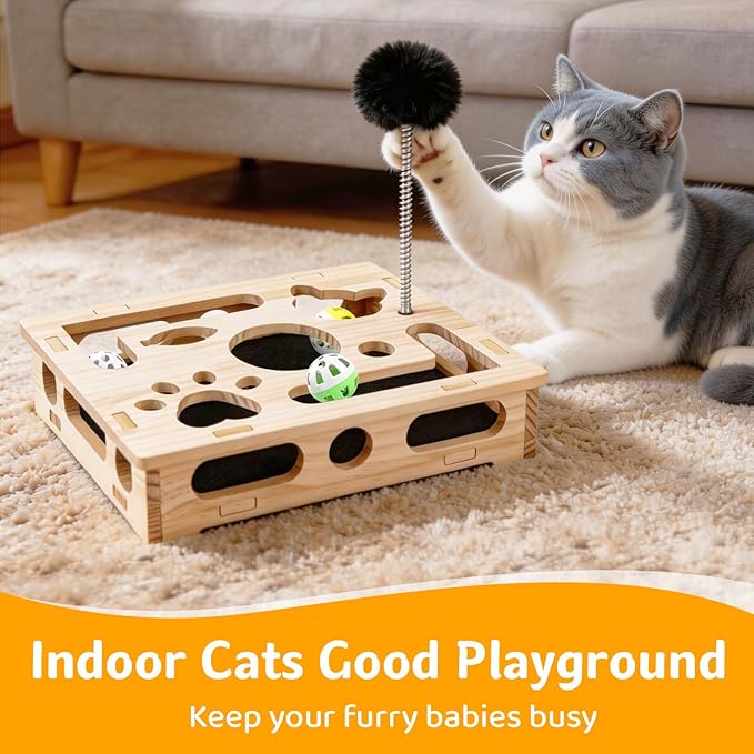 Interactive Wooden Cat Puzzle Toy for Indoor Cats Felt Maze Box with 3 Balls & 2 Cats Teasers, Cats Nail File Enrichment Box Hunting Exercise Toy for Kittens, Stimulating Cat Energy and Instincts