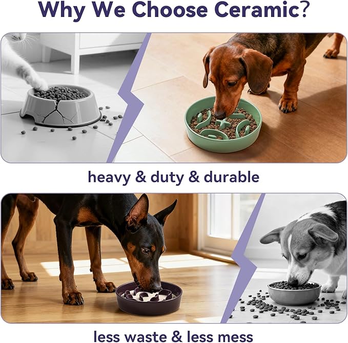 Ceramic Slow Feeder Dog Bowl - Maze Dog Bowl to Slow Down Eating - Feeding Dish for Fast Eaters - Ideal Food Control Dish for Medium to Large Breeds - 8.2 Inch - 1.8 Cups (180g) - Purple