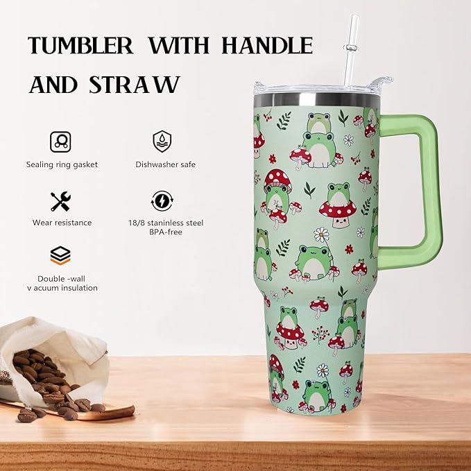 Ceovfoi 40 oz Frog Tumbler With Handle, Lid and Straw - Cute Green Kawaii Mushroom Gifts for Women, Decor, Accessories