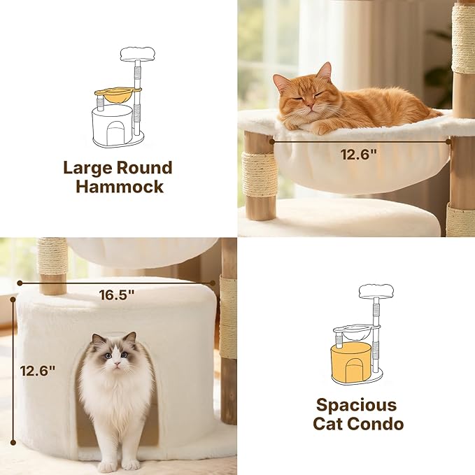 Veehoo Wood Cat Tree, Aesthetic Modern Cat Tree Tower with Scratching Posts, Luxury Cat Condo with Large Hammock and Soft Plush Perch for Indoor Cats