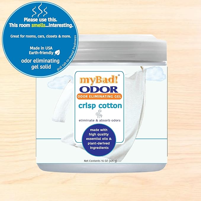 my Bad! Odor Eliminator Essential Oil Gel 15 oz - Air Freshener - Eliminates Odors in Bathroom, Pet Area, Closets, RVs, Pet Areas (Crisp Cotton, 1 Pack)