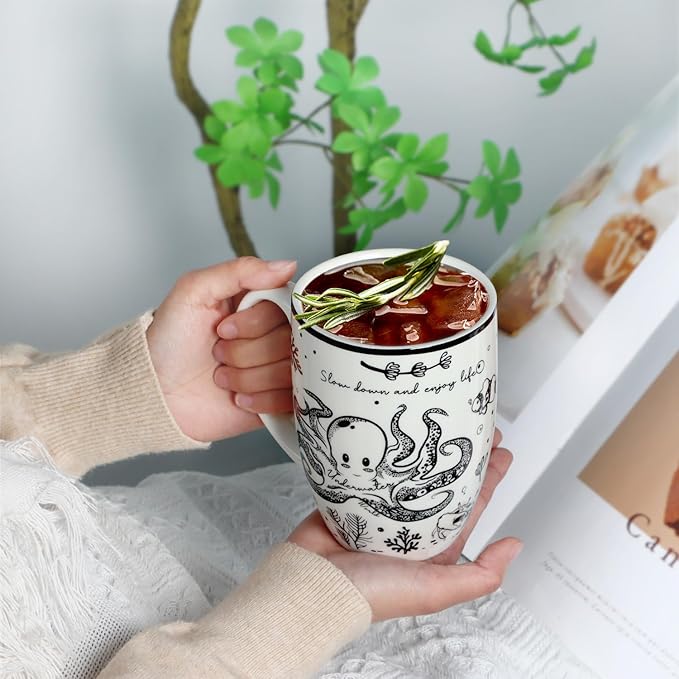 Cute Gifts 16 oz Coffee Mug Sea Turtle and Octopus, Funny Boho Tea Mugs for Women, Large Ceramic Coffee Cups for Chrismas