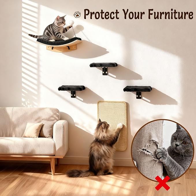 Cat Shelves for Wall，5 in 1 Cat Furniture Set with Soft Curved Pad，Modern Space-Saving Wall Mounted Shelves for Play & Rest