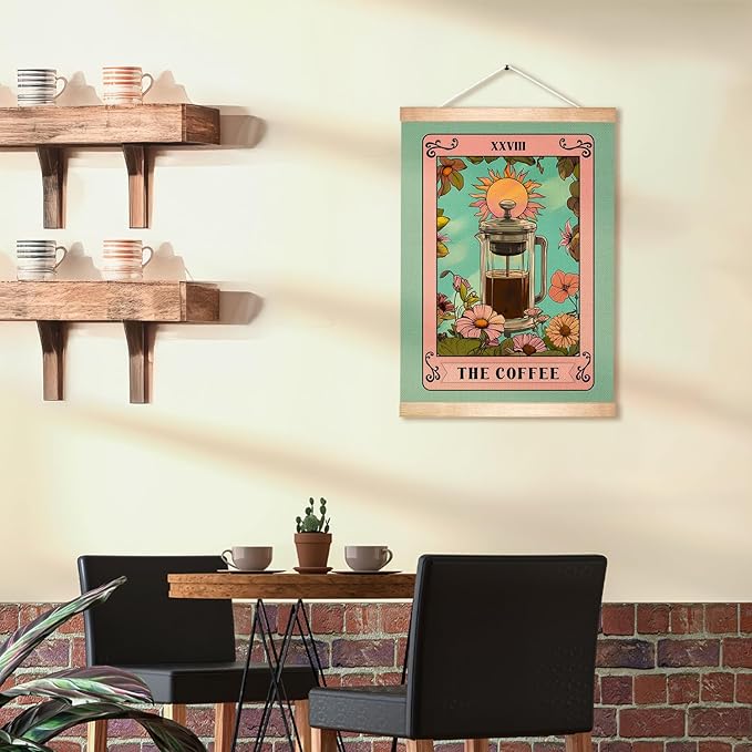 HEYJEEPER The Coffee Wall Art,Vintage Tarot Card Linen Print Posters,Green Floral Boho Kitchen Wall Hanging Decor for Cafe Bar,Dining Room, Barista Station, Gift for Coffee Lovers 14x18inch (Coffee02)